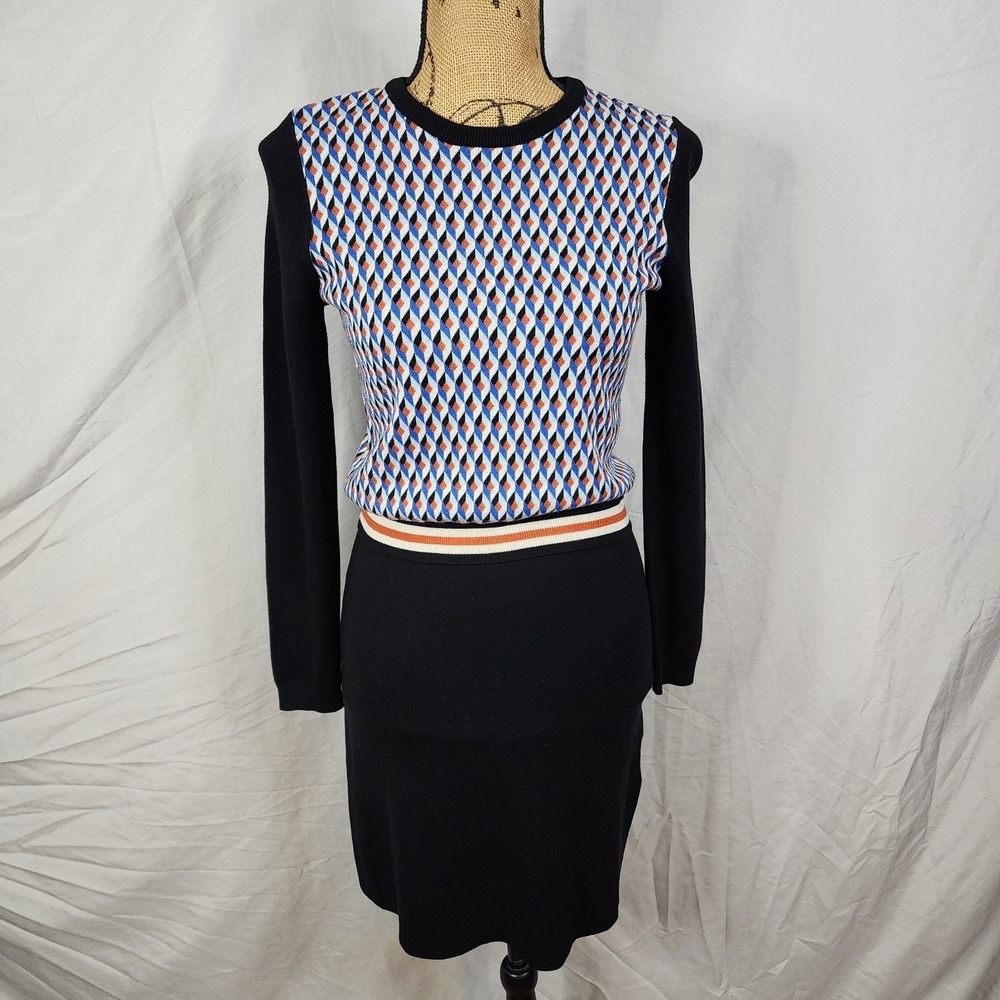 OCHIRLY Size Small Elastic Waist Qbert Optical Illusion Preppy Sweater Dress EUC